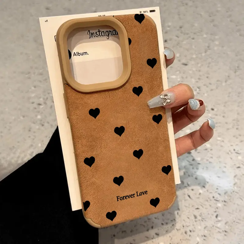 Luxury Matte Lambskin Faux Leather Phone Case Compatible with iPhone 16 15 Pro Max Plus 14 13 12 11 X XR Little Love Heart Pattern Rugged Durable Shockproof Anti-Scratch Soft Silicone Case