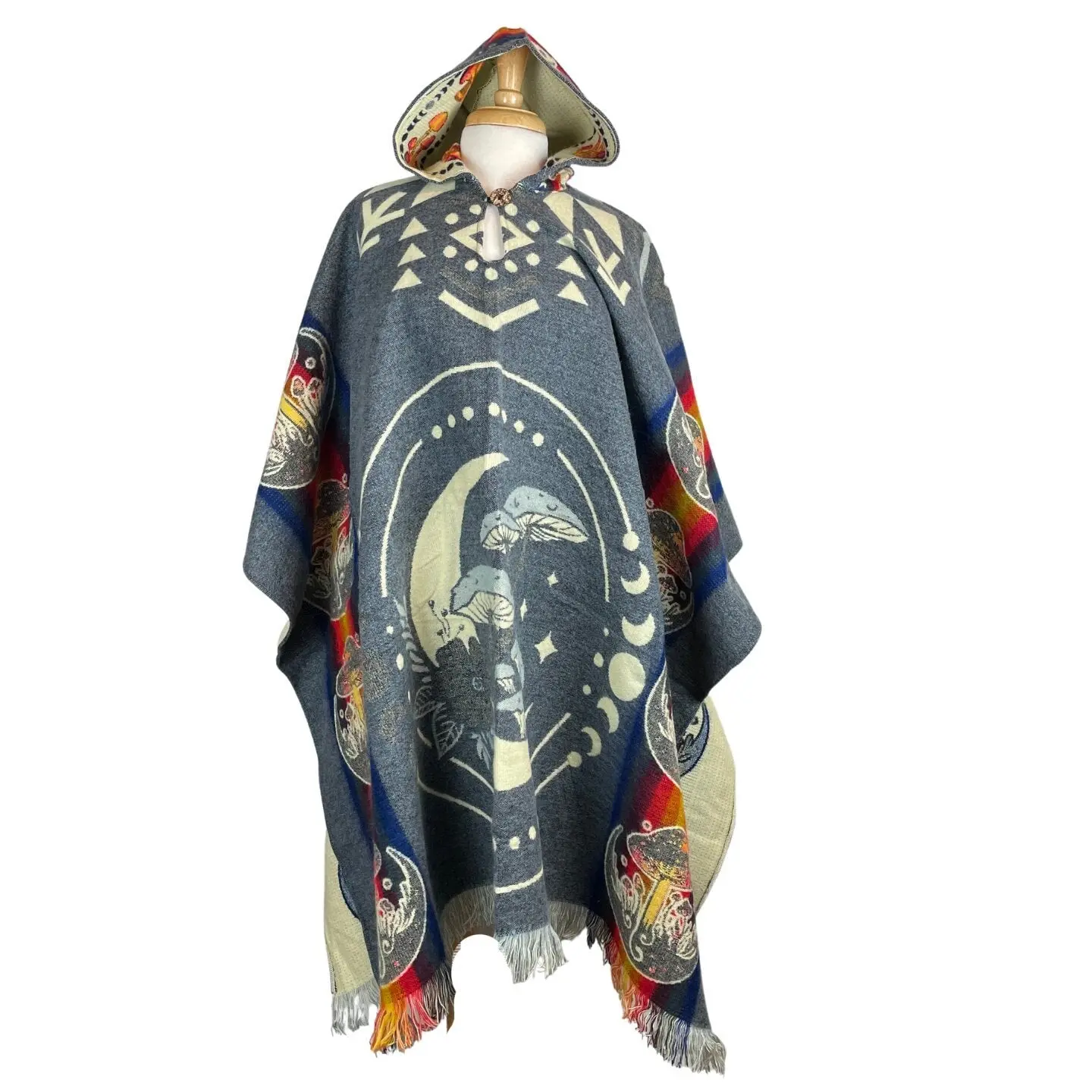 Mushrooms & Moon Phases Alpaca Poncho Hoodie | Black - Brown - Purple - Teal - Navy
