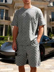Men's Oversized Streetwear Short Sleeve Set, Checkerboard Pattern Loose Fit T-Shirt, Round Neck Drop Shoulder Casual Outfit