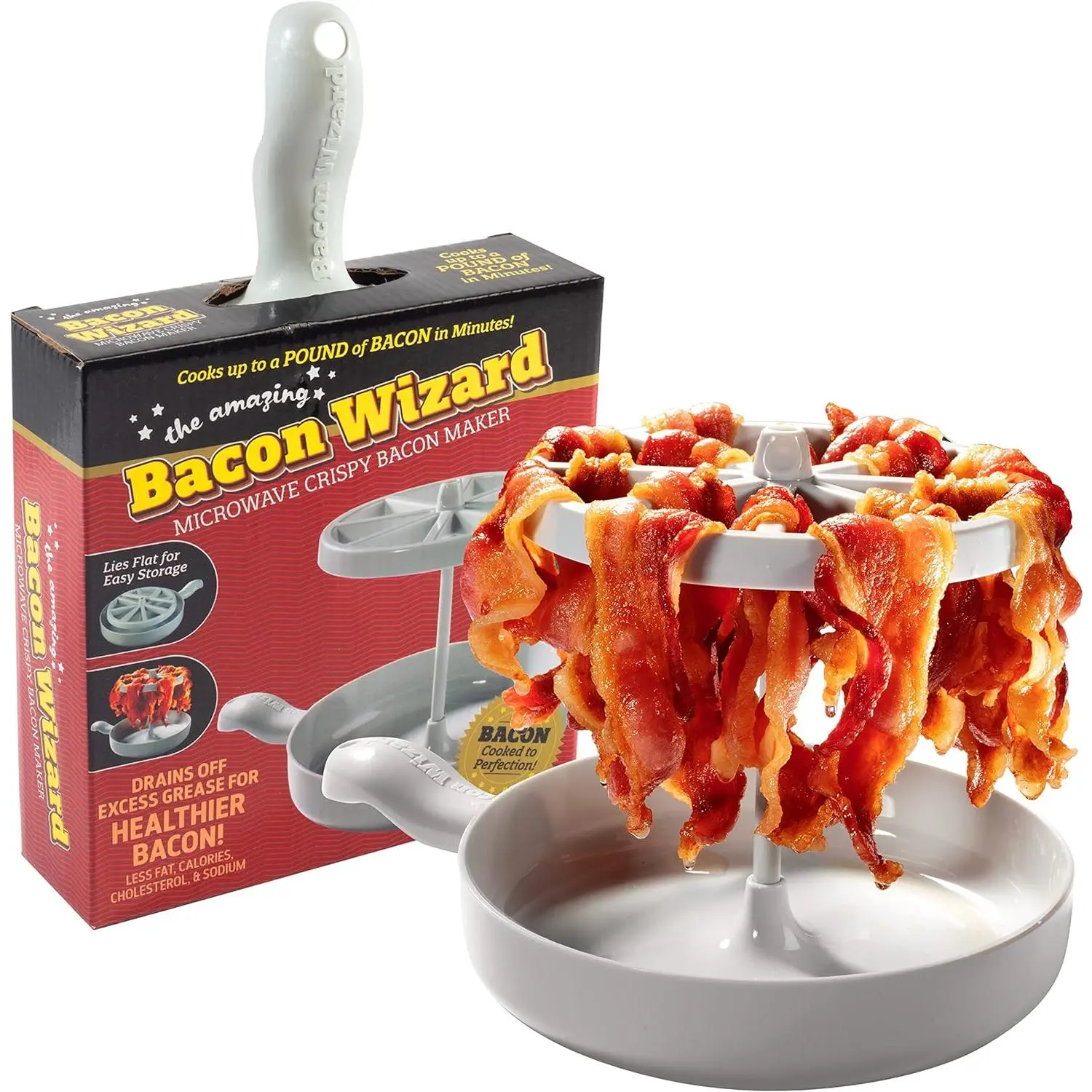 Microwave Bacon Cooker-Bacon Wizard Cooks 1LB of Bacon & Reduces Fat by 40%- Crispier, Healthier Bacon Every time-Grease Catcher Makes Clean Up Simple
