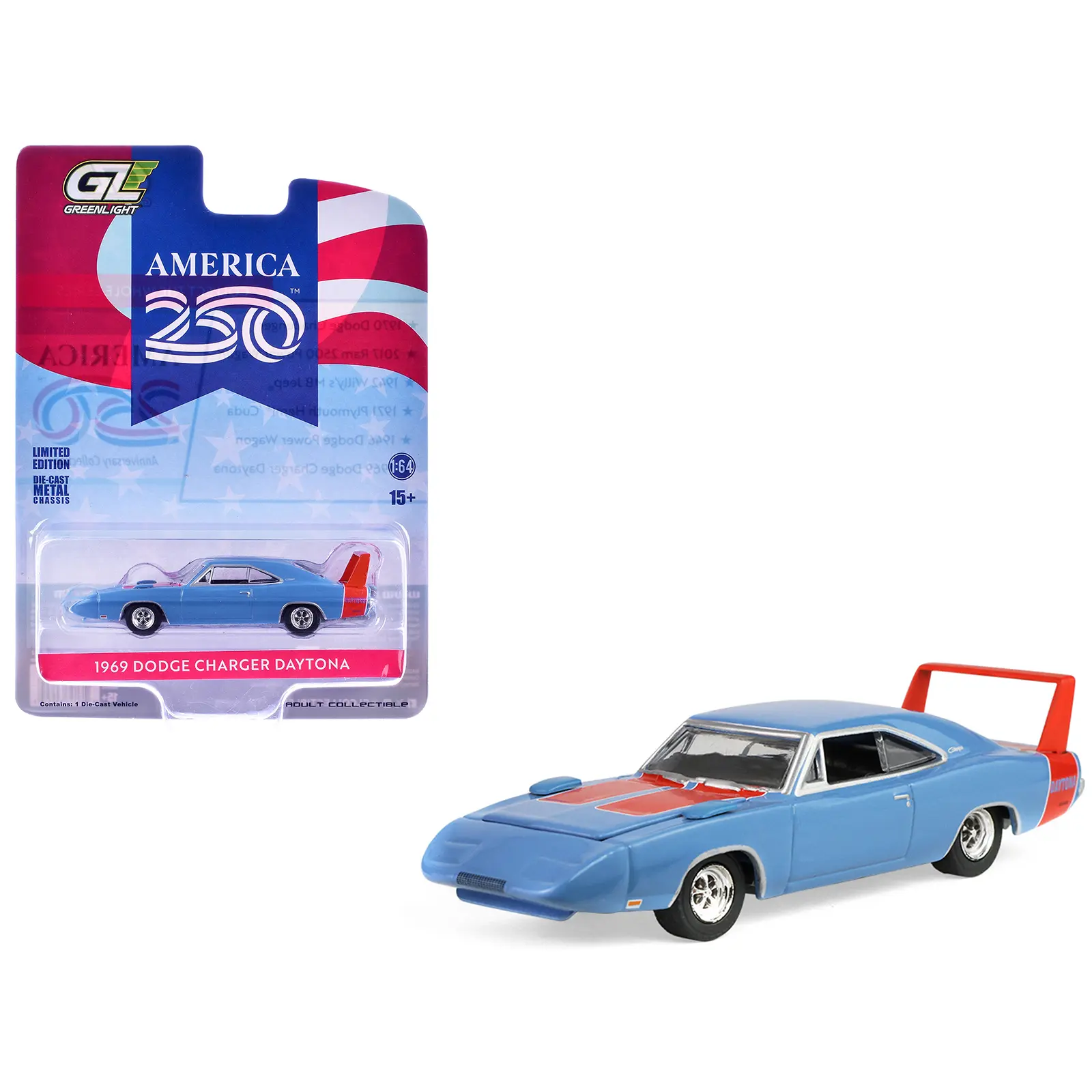 1969 Dodge Charger Daytona Blue with Red Stripes "America 250 Edition" 1/64 Diecast Model Car by Greenlight