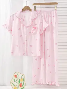 Women's Cute Loose Striped Butterfly Knot Sleepwear Loungewear Set, Womenswear Short Sleeve Long Pants Pajamas, Breathable Soft Fabric, Casual Home & Travel Wear