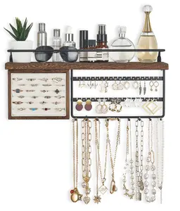 Hanging Jewelry Organizer Wall Mounted with Rustic Wooden Shelf, Ring Display Box, Earring Holder, and Bracelet Organizer