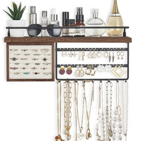 Hanging Jewelry Organizer Wall Mounted with Rustic Wooden Shelf, Ring Display Box, Earring Holder, and Bracelet Organizer