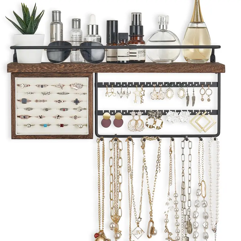 Hanging Jewelry Organizer Wall Mounted with Rustic Wooden Shelf, Ring Display Box, Earring Holder, and Bracelet Organizer