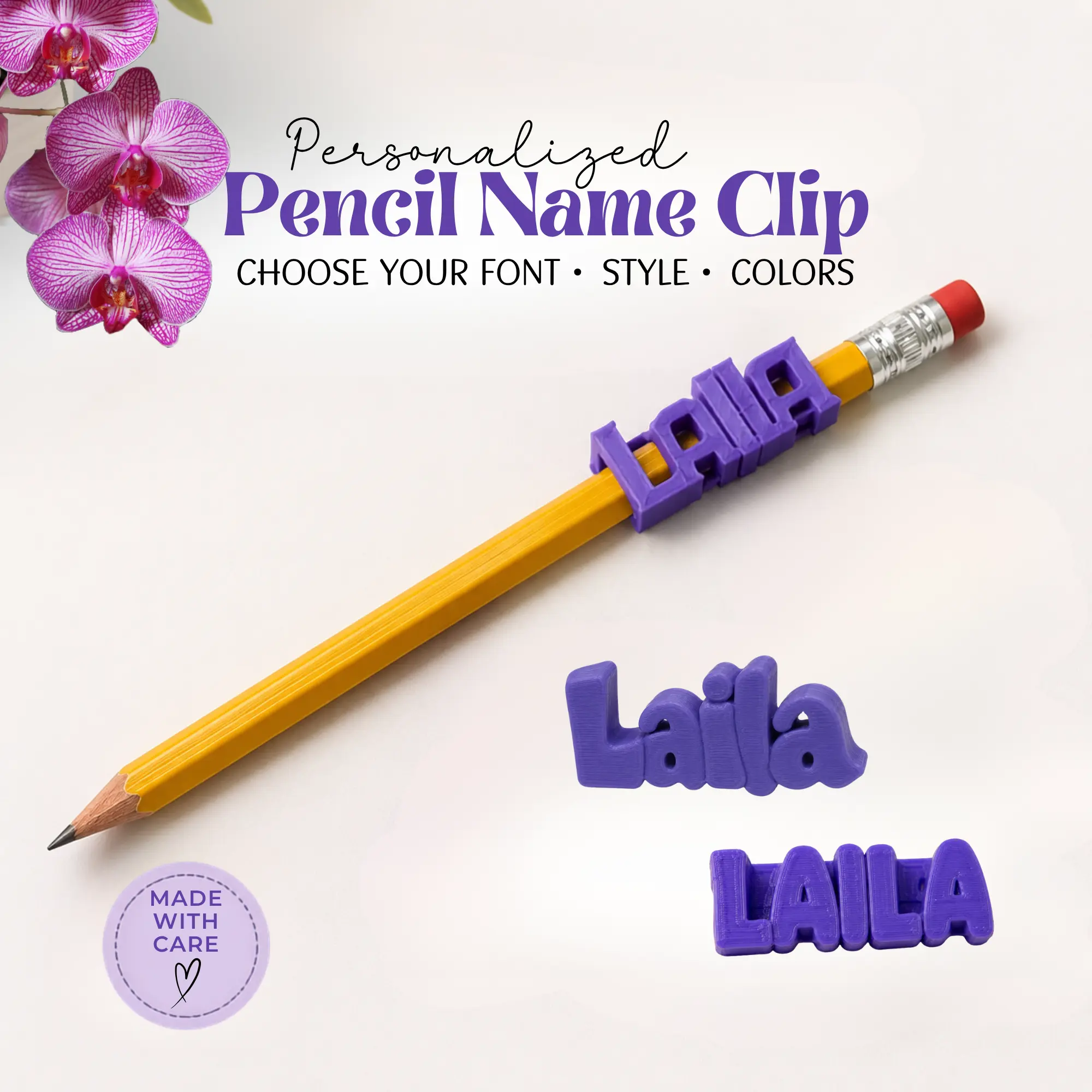 Personalized Pencil Name Clip 3D Printed PLA Filament 11 Font Options Custom Name Up To 10 Characters Back To School Accessory