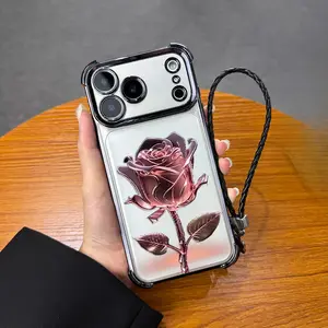 Rose Gold Metallic Rose Print Shockproof Phone Case with Hand Strap / For iPhone 17 Pro Max / 16 Pro Max / 15 Pro Max / Galaxy S26 Ultra / S25 Ultra / S24 Ultra