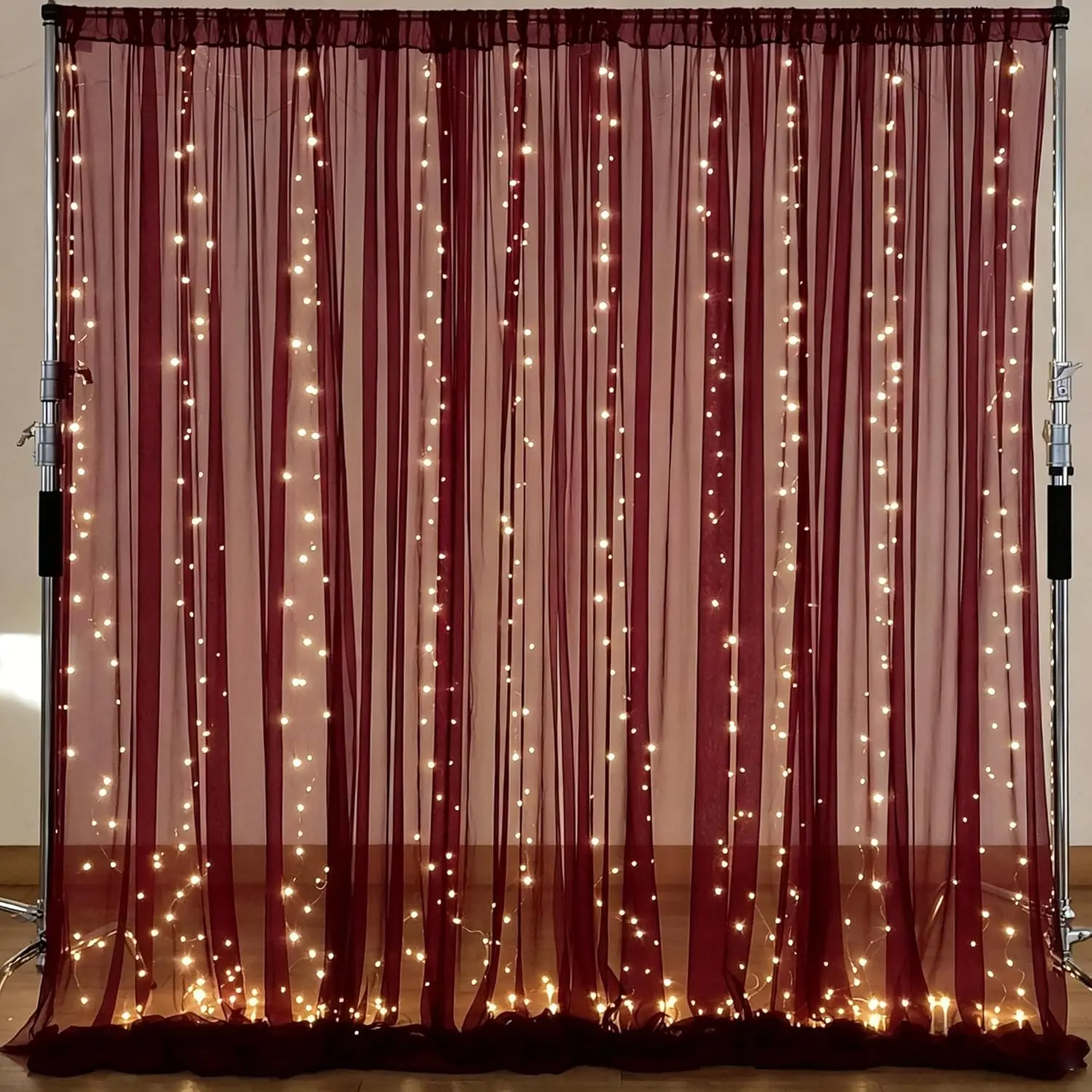 10x10ft Burgundy Tulle Backdrop Set with String Lights, Soft Flow Sheer Decor Curtains for Wedding Theme Photography, Festive Party Banners, Built-In Lights