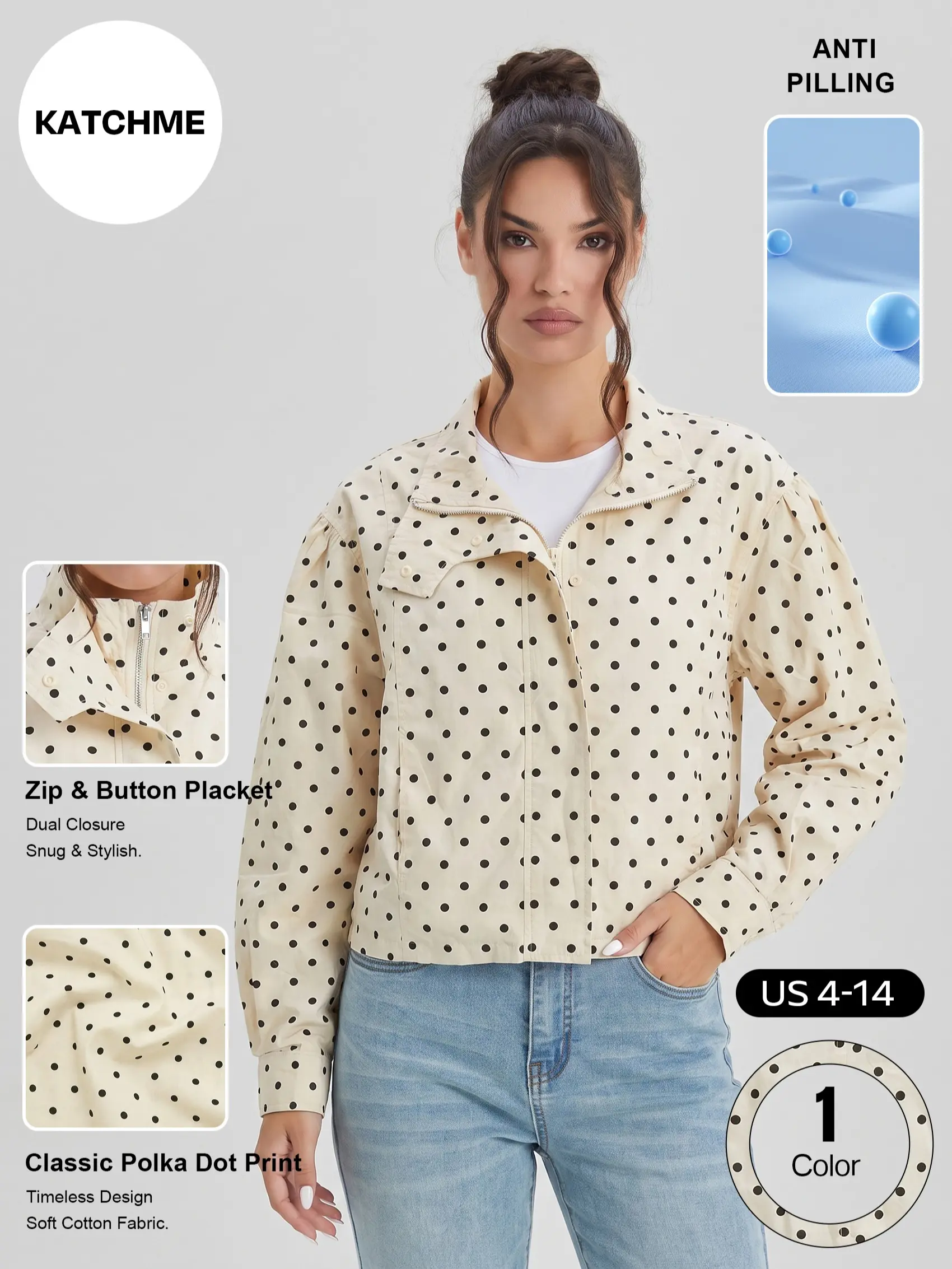 Katch Me Chic Women's Versatile Polka Dot Zipper Long Sleeve Jacket, Vintage Lightweight Skin-Friendly Cotton Outerwear, Durable Non-Shrinking Side Pocket Casual Coat, Spring Fall Travel Essential #TikTokMadeMeBuyIt #SohoChic #StyleInspo