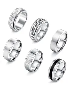 6Pcs Mens Rings 316L Stainless Steel Rings for Men Women Rings Vintage Mens Thumb Rings Silver Engagement Rings Wedding Band Fidget Mens Ring Set Geometric Design Ring