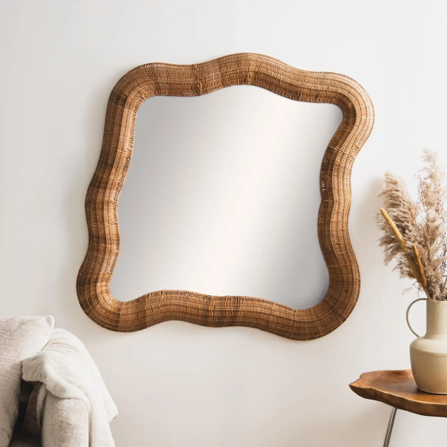 Beige Seagrass  Handmade Woven Beveled Room Wall Mirror, 42" x 2" x 41"