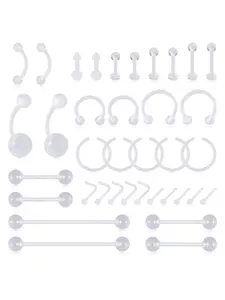 37pcs Anti-Allergy Acrylic Body Piercing Set, Ear Studs, Lip Studs, Nose Ring, Eyebrow Studs, Tongue Studs, Industrial Barbells