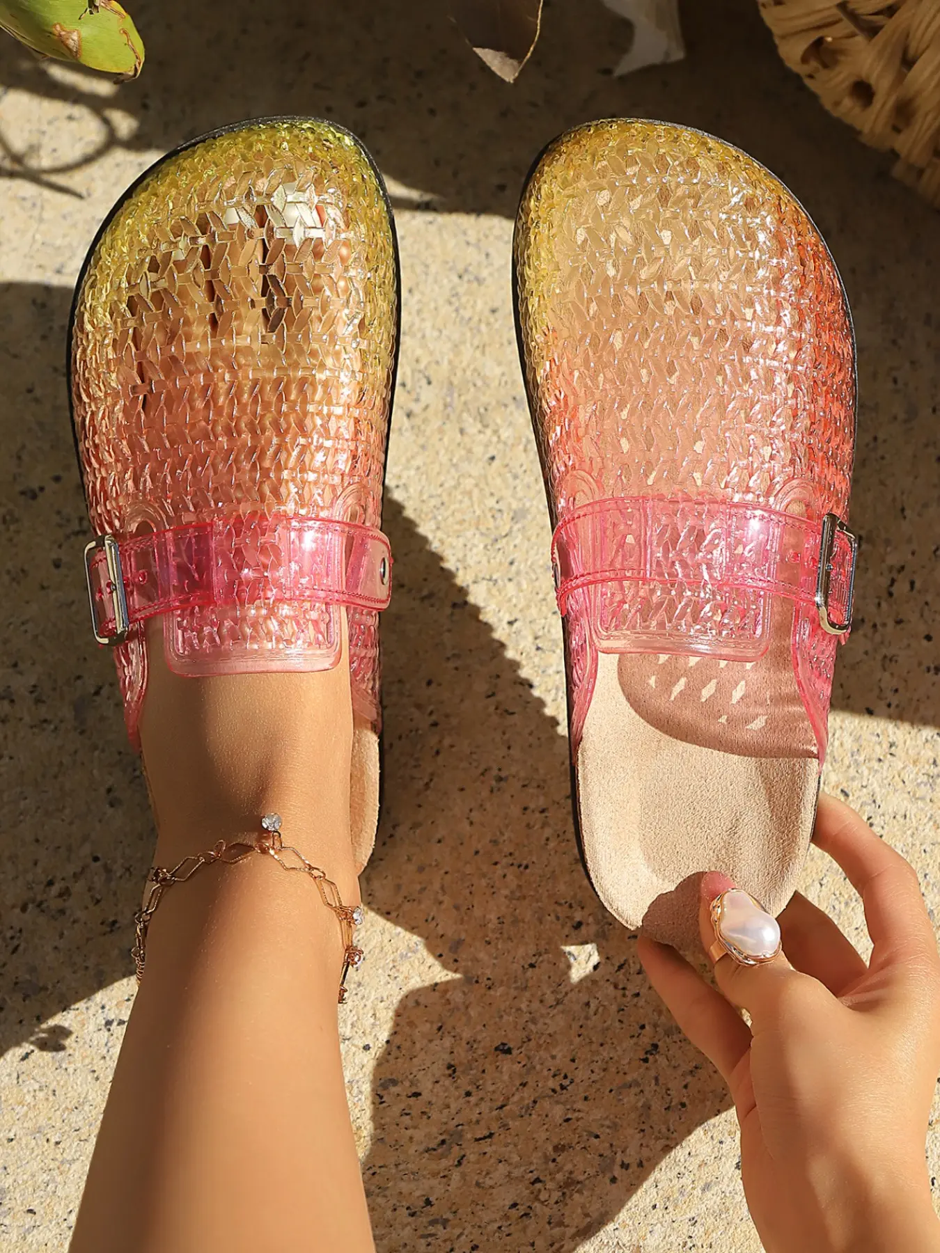 Women's Cut-Out Transparent Crystal Half Slipper Sandals, Summer Breathable Non Slip Anti-Slip Casual Shoes, Outdoor Wear, Medium Width, Anti Slip Slippers, Batch No. 250323-006