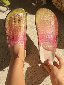 Women's Cut-Out Transparent Crystal Half Slipper Sandals, Summer Anti-Slip Casual Shoes, Outdoor Wear, Medium Width, Batch No. 250323-006
