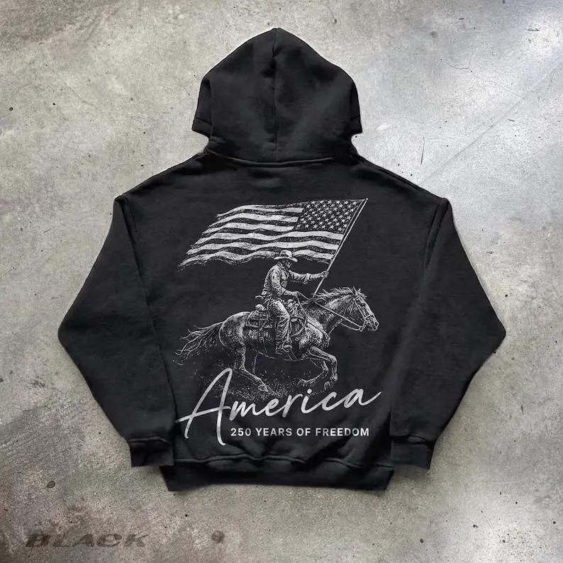 Patriotic Cowboy Hoodie with a Western American Flag Graphic - Casual Unisex Pullover for the USA 250th Anniversary in a Cotton-Blend Fabric