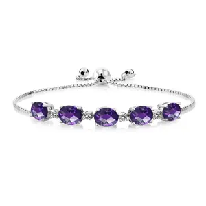 925 Sterling Silver Oval Checkerboard Purple Amethyst and White Diamond Tennis Bracelet For Women (6.26 Cttw, Gemstone Birthstone, Fully Adjustable Up to 9 Inch)