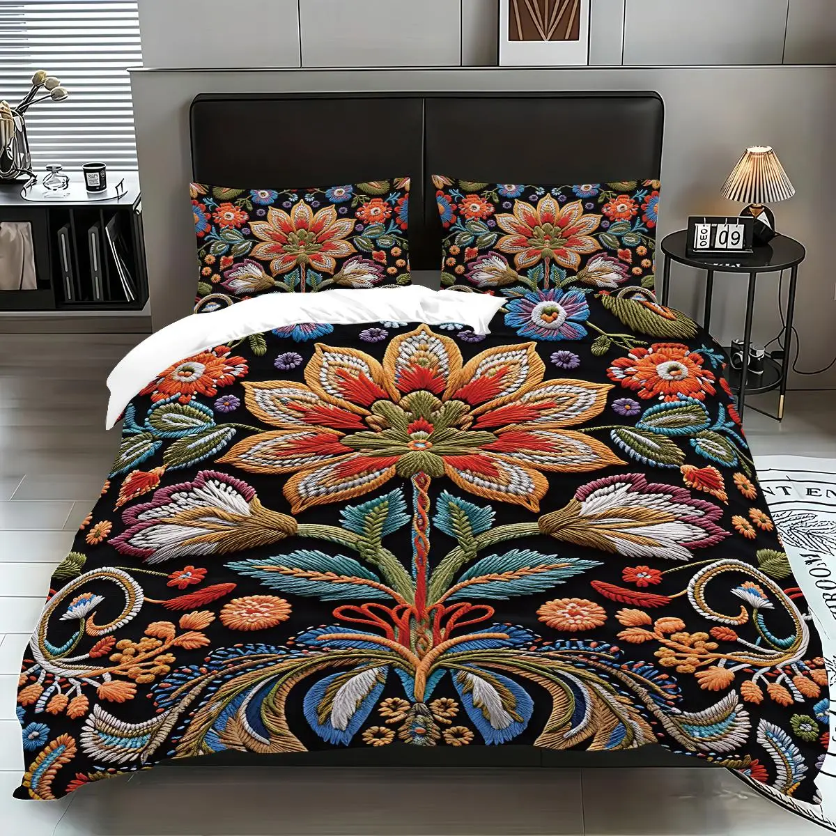 Floral Embroidery Duvet Cover Set, 1 Count Duvet Cover & 2 Counts Pillowcases without Filler, Soft Comfortable Bedding Set for Home Bedroom