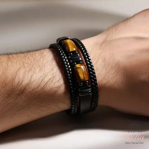 Sofia Men's Leather Braided Bracelet with Natural Tiger Eye Stone Multilayer Wristband Boho Style Magnetic Closure for Daily Use Gift for Father Son Boyfriend