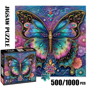 1pc 1000 piece adult puzzle 58x58cm Sparkling Butterfly with Floral and Gem - like Embellishments 500 pieces paper jigsaw puzzle suitable for DIY creative games for adults and families, birthday and