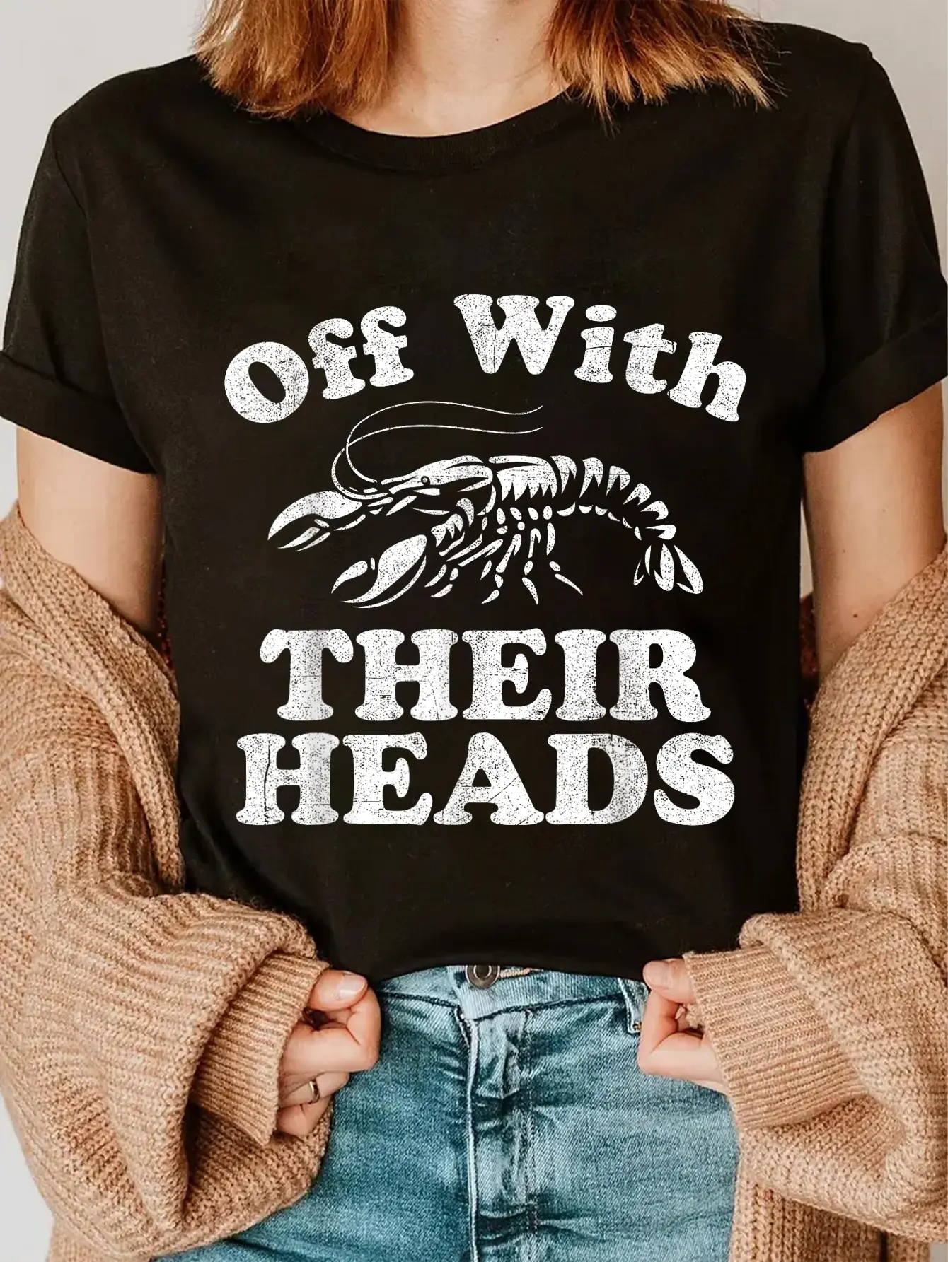 Crawfish Boil T-Shirt for Women, Funny "Off With Their Heads" Cajun Graphic Tee, Casual 100% Cotton Shortsleeve for Mardi Gras, Everyday, Lady, Round Neck, Top, Streetwear, Tshirt, Vintage