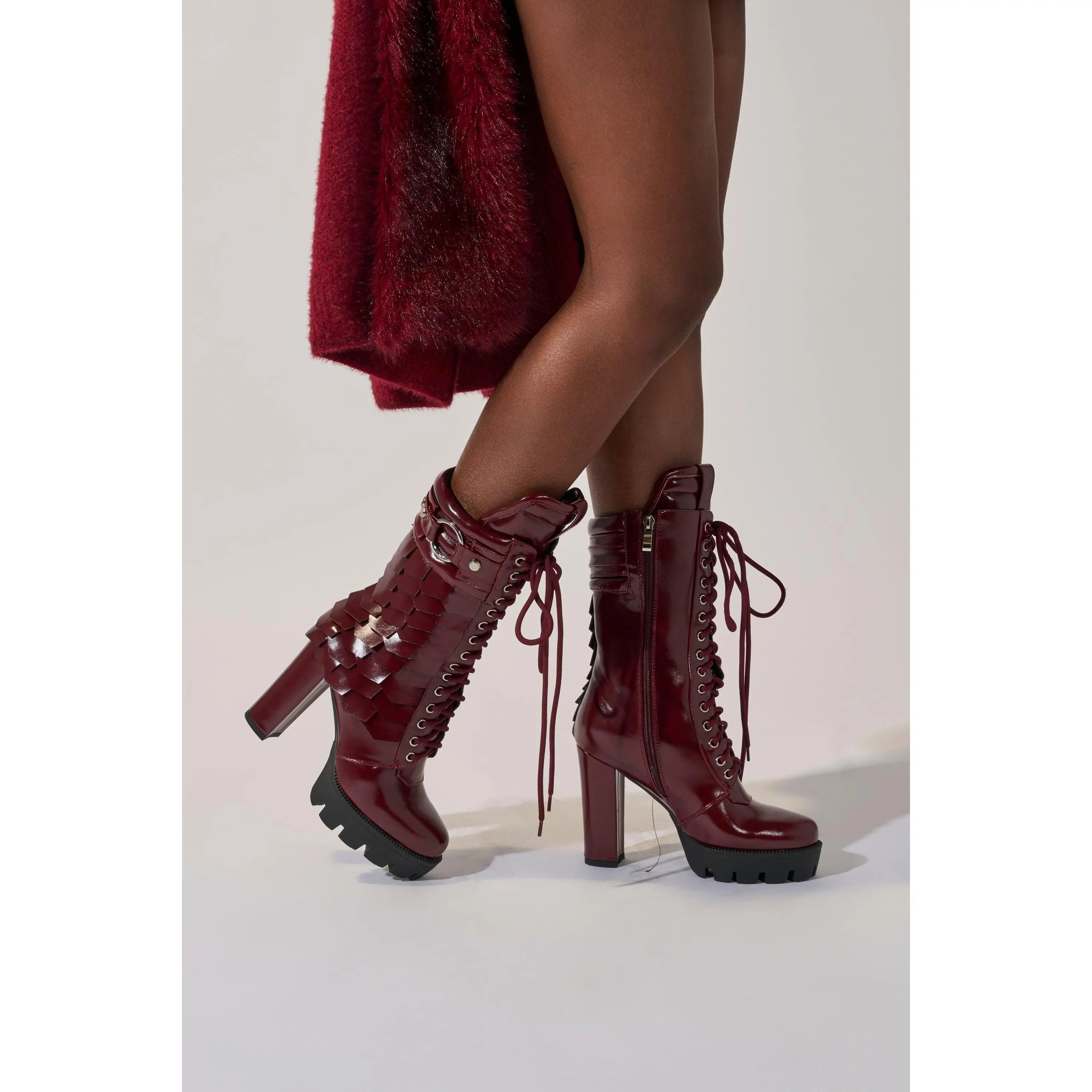 AZALEA WANG GERNOT BURGUNDY LACE UP SCALED PLATFORM BOOTIE