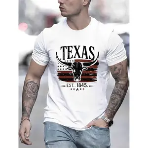 Texas Pride Bull Head T-Shirt Soft Comfortable Fabric Round Neck Short Sleeves Machine Washable Casual Summer Top for Men Streetwear Crewneck Shortsleeve Menswear Tshirt Top Man Biker Black Tropical