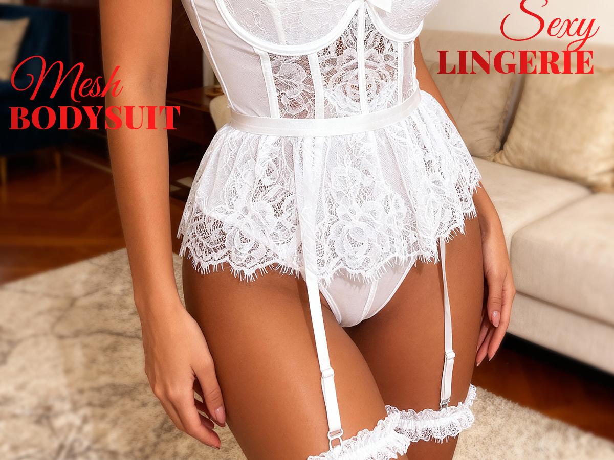 CHALOVELO Women's 2-Piece Lace Teddy Babydoll Bodysuit Lingerie Set, Underwire Floral Top with Detachable Sheer Skirt