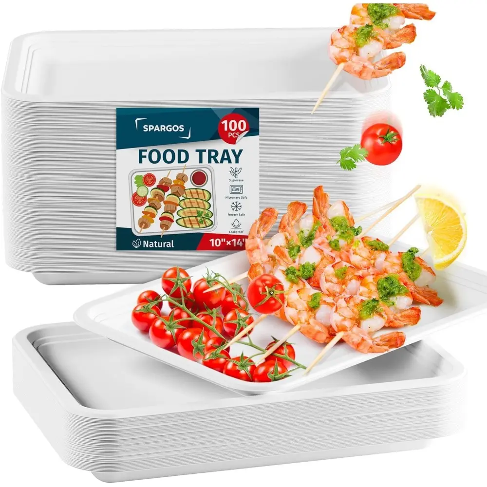 100-Pack 14in Eco-Friendly Leak-Proof Sturdy Compostable Disposable Food Trays, Heavy-Duty Lightweight Non-Toxic Microwave-Safe Natural Biodegradable Kitchen Bakeware for Party, BBQ Serving Supplies (Plates Alternative)