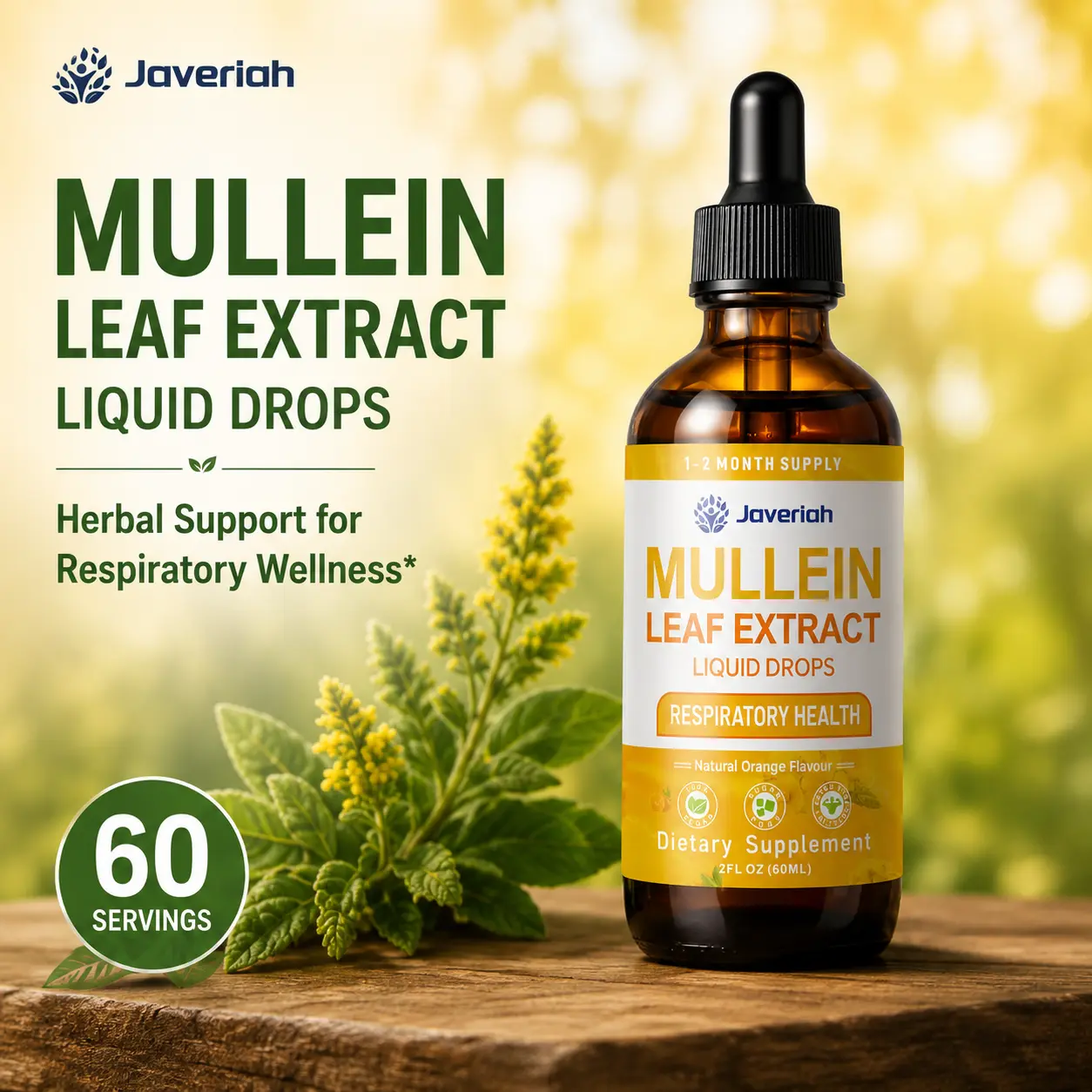 Javeriah Mullein Leaf Drops for Morning Wellness Routine, Easy Liquid Herbal Supplement with Mullein Leaf Extract, Plant-Based Botanical Tincture for Daily Lung and Respiratory Wellness Support, 2 Fl Oz, 60 Servings