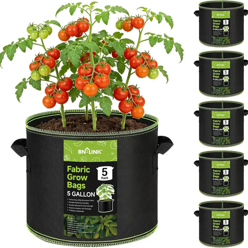 BN-LINK 5-Pack Round 5-Gallon Heavy-Duty Aeration Nonwoven Fabric Above-Ground Garden Bags with Handles, Drainage Holes, Lightweight Design for Easy Movement, Ideal for Outdoor Vegetables, Flowers, Patio Planters, Outdoor Garden Planters