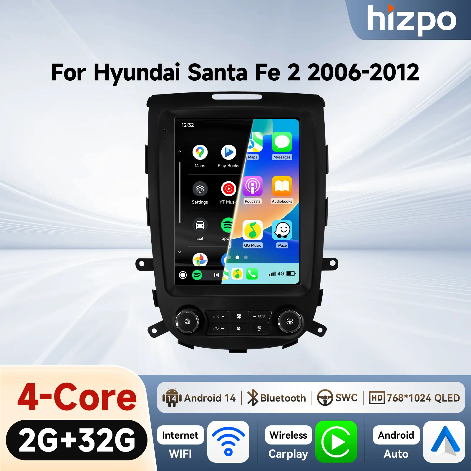 GPS Touch Screen Car Stereo for Hyundai Santa Fe 2 2006-2012 Replacement Car Screen Audio Bluetooth Upgraded Wireless Carplay