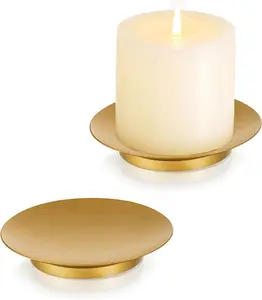 Romadedi Iron Plate Candle Holder - Gold Candle Holders for Pillar Candles, Set of 2 Small Candle Tray Pillar Candle Holder Plate Metal Candle Stand for Coffee Table Decor, Wedding, Party, Home Decor
