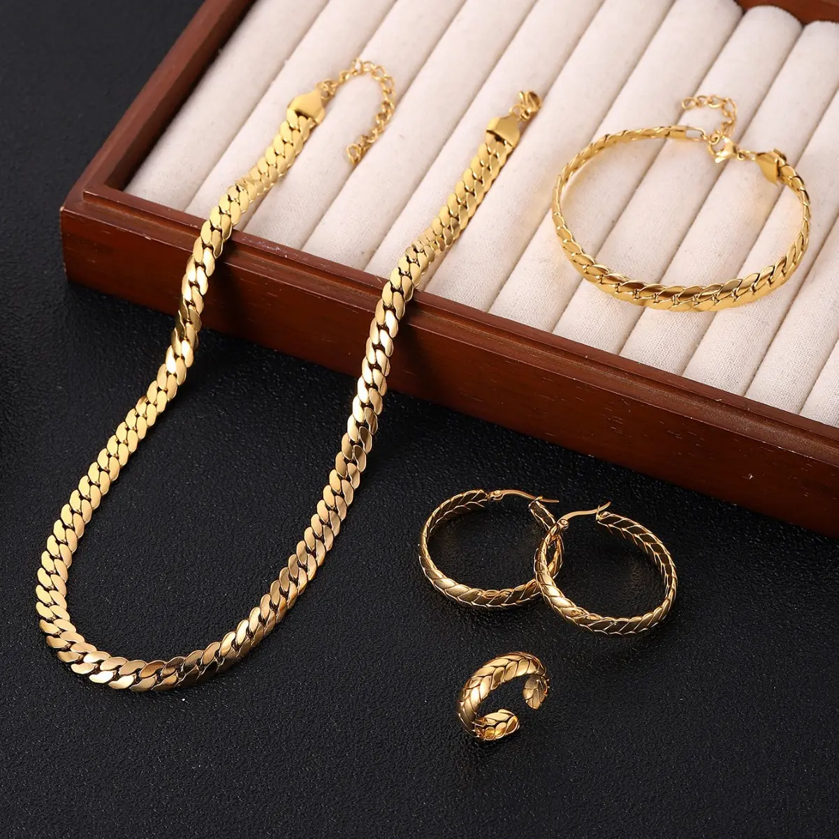 Classic Brand Stainless Steel Jewelry Set - Enamel Logo Letter Pendant Necklace, Earrings, Bracelet, Ring