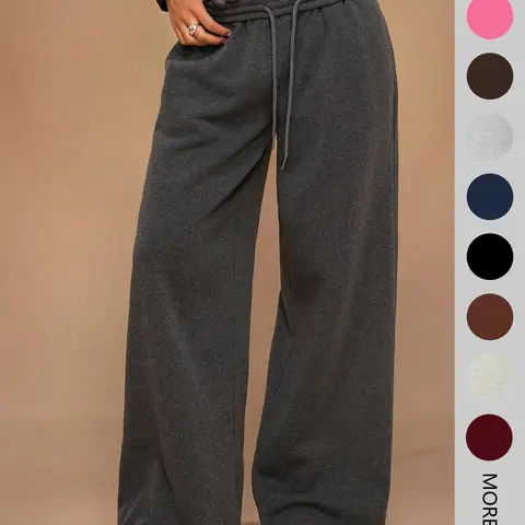 Cimmuovere New Autumn/Winter Casual Basic Minimalist Loose Fit Adjustable Drawstring Waist Wide Leg Sweatpants, Casual Fashion Pants, Thick Thermal Lined, Versatile & Slimming, Casual Streetwear Pants