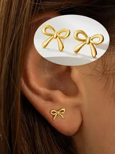 2 PCS Bow Threadless Stud Earrings in Stainless Steel, Flat Back Push-in Design, 20G 6mm for Cartilage , Helix,  Conch, Tragus, and Nose Piercing, Hypoallergenic Jewelry