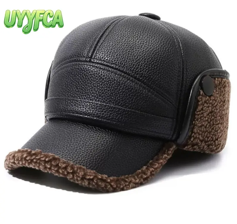 UYYFCA Men's Black Leather Trapper Hat with Ear Flaps | Winter Warm Faux Fur Flip-Up 2-in-1 Style | Outdoor Cold Weather Protection Cap | Windproof Vintage Russian Ushanka Trapper Cap,summerwins summerwins