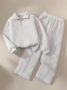 Girls' 2-Piece Fleece-Lined Casual Set, Zipper Design Long Sleeve Sweatshirt & Elastic Waist Pants, Warm Comfortable Fall Winter, Sweatpants