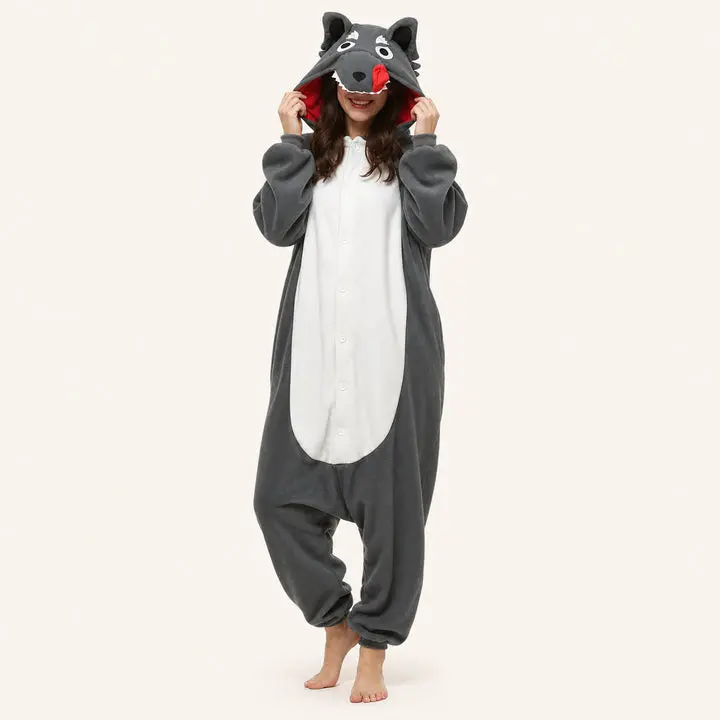 Gray Wolf Kigurumi Onesie, Soft Fabric, Relaxed Fit Sleepwear & Loungewear