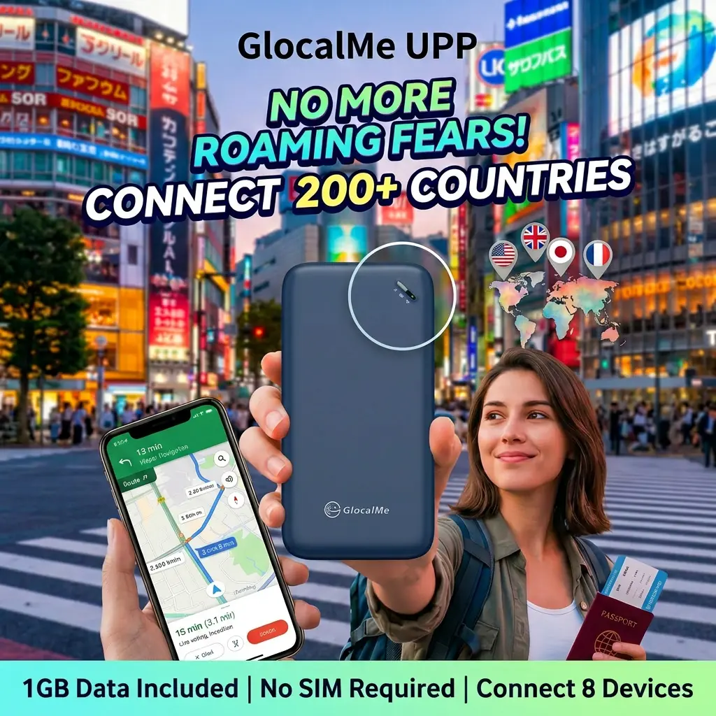 GlocalMe UPP Portable WiFi Hotspot - Global Travel Internet Router (No SIM Needed), 4G LTE Mobile Hotspot for International Travel, Connect 8 Devices, Pay-As-You-Go Data