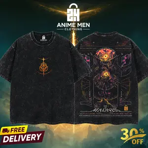 Men's Oversized Acid Washed Cotton Shortsleeve Tshirt - Classic Round Neck Seamless Street Style Top, Frenzy Flame Elden Ring Boss Retro Vintage T-Shirts, Casual T-Shirts for Anime Fans