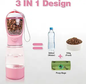 Upgraded 3-in-1 portable pet water bottle with drinking, food storage & poop bag dispenser. Great for hiking, outdoor trips & daily walks, easy to clean, lightweight & practical for hassle-free pet outings and travels.