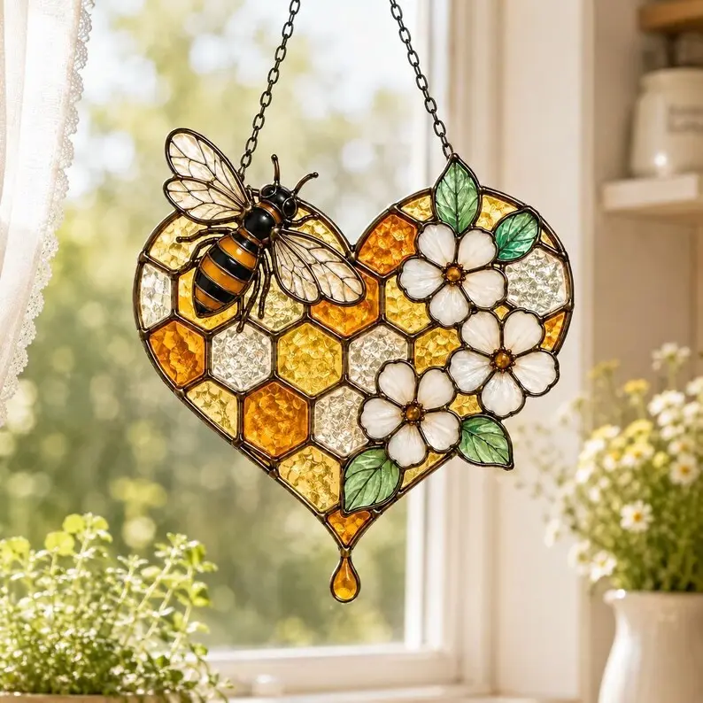 Cottagecore Bumblebee Honeycomb Heart Suncatcher Window Hanging Stained Glass Acrylic Panel Cute Honey Bee Garden Decor Wall Art Ornament Spring Gift for Mom & Nature Lovers