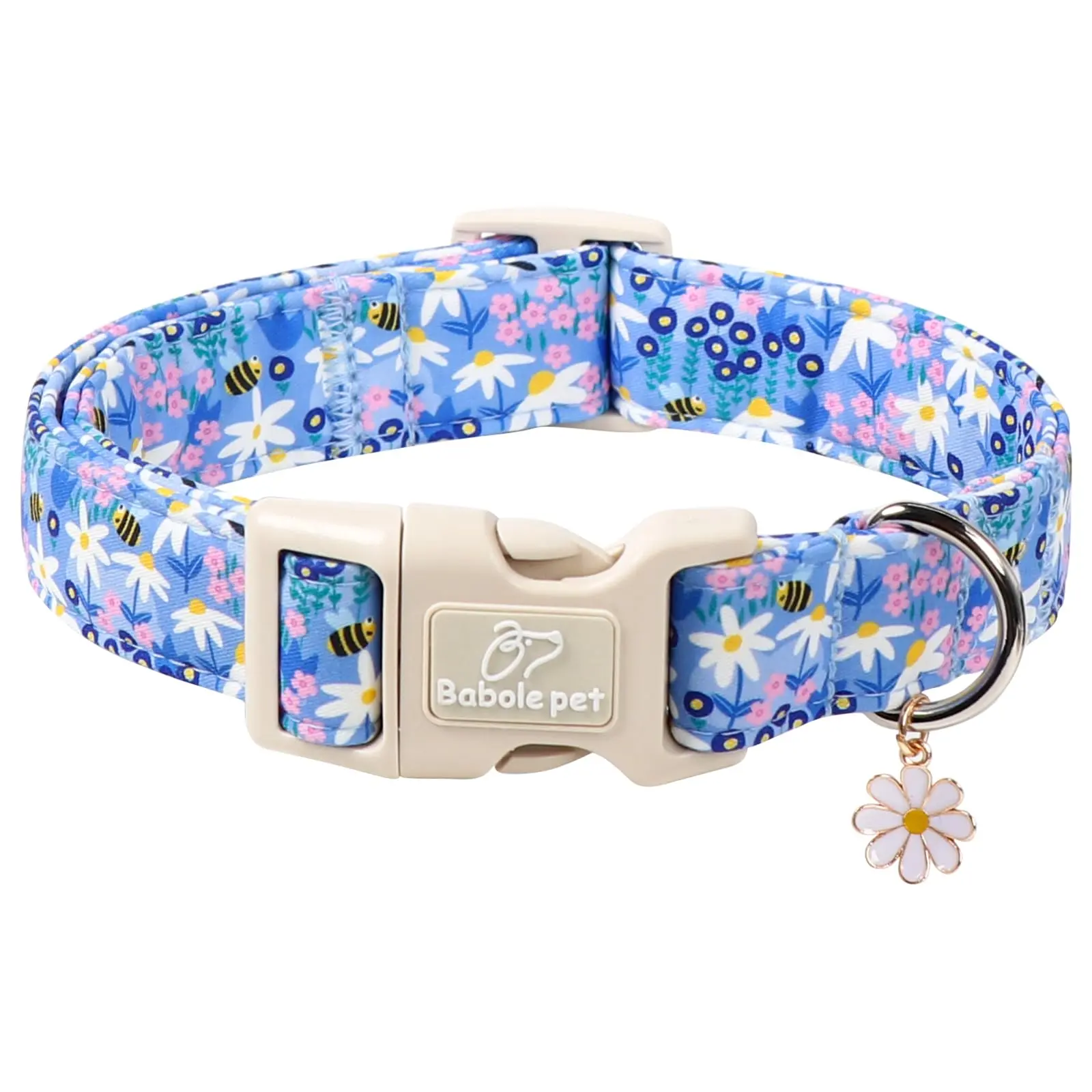Floral Dog Collar for Small Dogs, Cute Spring Puppy Collar with Bee & Daisy Print, Soft Lightweight Breathable Adjustable Blue Wildflowers Collar for Male Female Pets Size XS