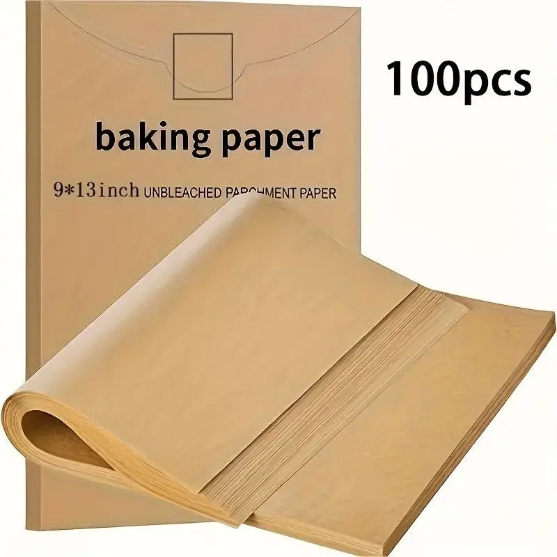 100Pcs Unbleached Non-Stick Parchment Paper Sheets, 9x13in Precut Quarter Size Kitchen Baking Accessories, Durable Food-Grade Parchments for Baking, Grilling, Air Fryer Use
