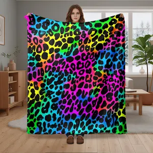 1pc Neon Rainbow Leopard Print Flannel Fleece Throw Blanket, Super Soft Warm Plush Cozy Blanket for Couch Sofa Bed Living Room Decor Adults