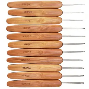 11-Piece Ergonomic Bamboo Handle Crochet Hooks Set, Small Needles (0.5-3mm), Perfect for Fine Yarn Crafts, DIY Sewing Tools, Crochet Kit