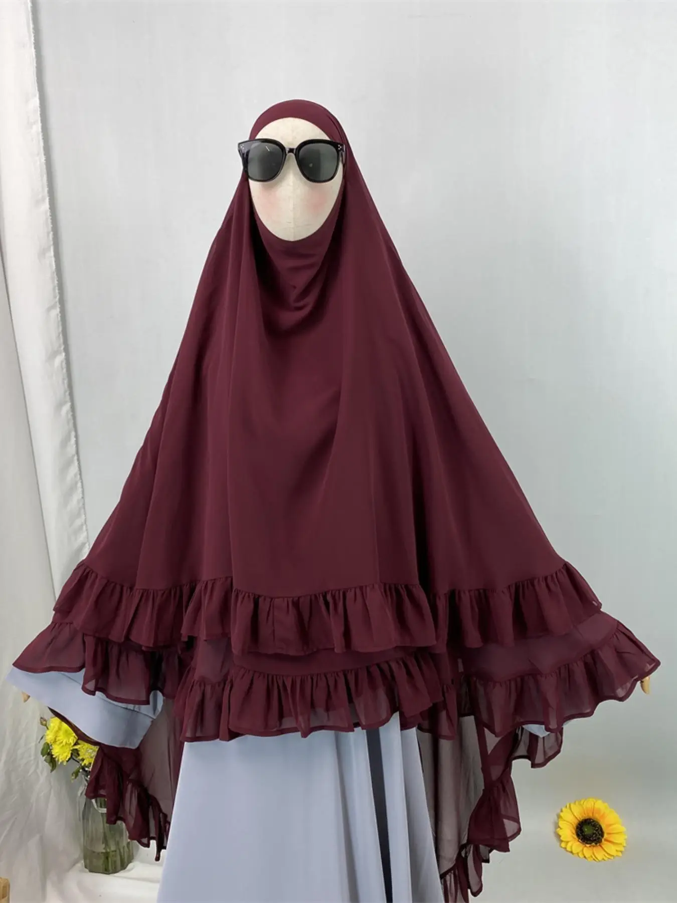 Women's Solid Color Ruffle Trim Chiffon Khimar, Modest Fashionable Double Layer Design Khimar for Daily Wear, Women's Islamic Clothing for All Seasons
