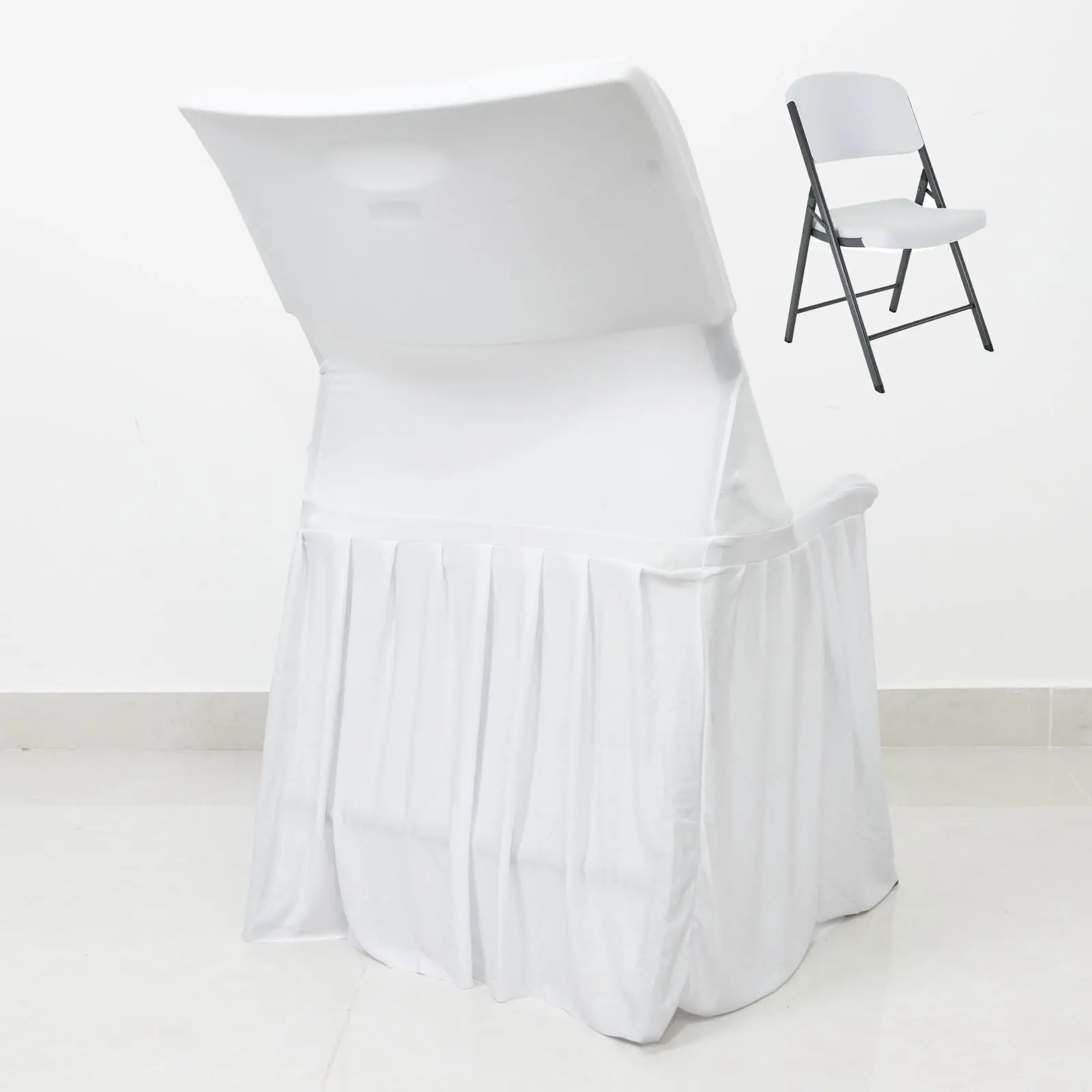 White Spandex Pleated Lifetime Folding Chair Cover – Stretch Slipcover with Floor-Length Skirt, Also Fits Standard Chairs