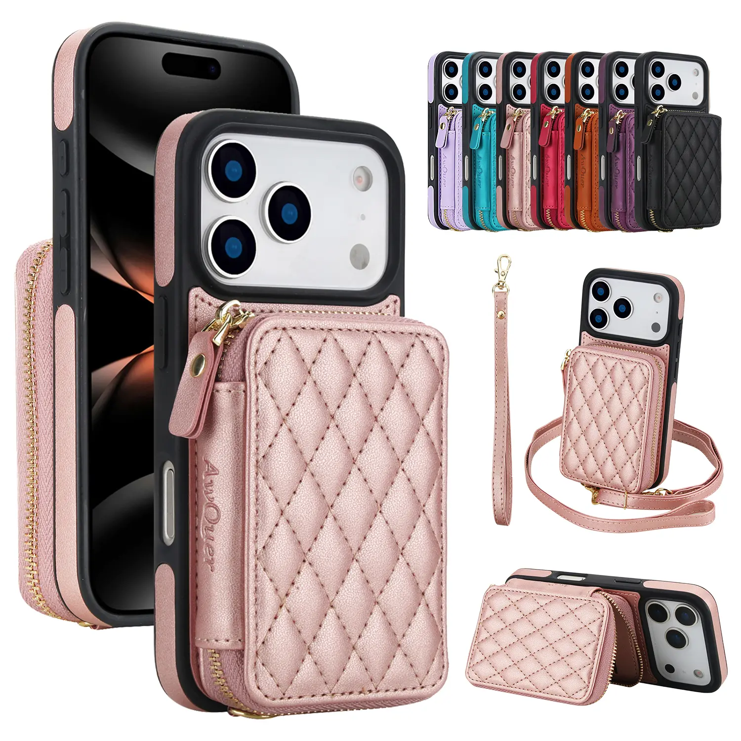 Crossbody Wallet Case for iPhone 17 Pro Max 16 15 14 13 12 11, RFID Blocking PU Leather Zipper Handbag Purse Flip Cover, Kickstand Folio Case with Card Slots Holder Wrist Strap Lanyard