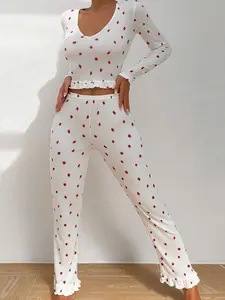 Two-Piece Set Women's Strawberry Print Ruffle Hem Pyjama, Casual Comfy V Neck Long Sleeve Top & Pants PJ Set, Women's Sleepwear for Spring & Fall, Pajamas